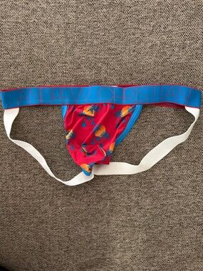 Andrew Christian Red Palm Print Jock with Blue Trim